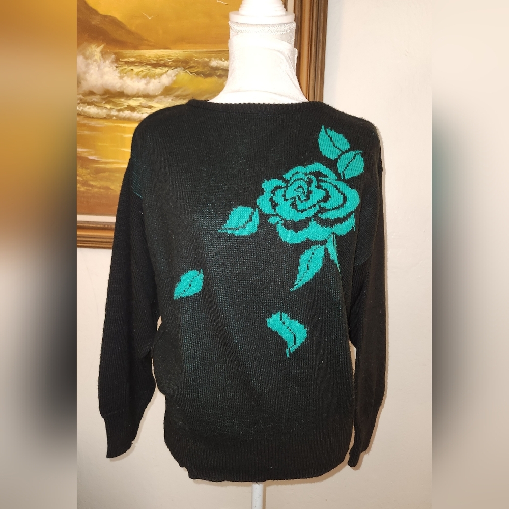 Vintage 1980s Black Long-Sleeve Turquoise Flowers